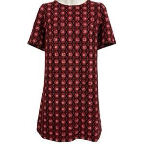 LOFT Ann Taylor Red Black Floral Medallion Textured Jacquard Shift Dress M (A7) - Picture 3 of 10